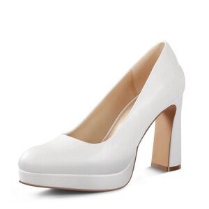 Platform Heels Women’s Pumps White Closed Toe Chunky Heel Shoes Size 9